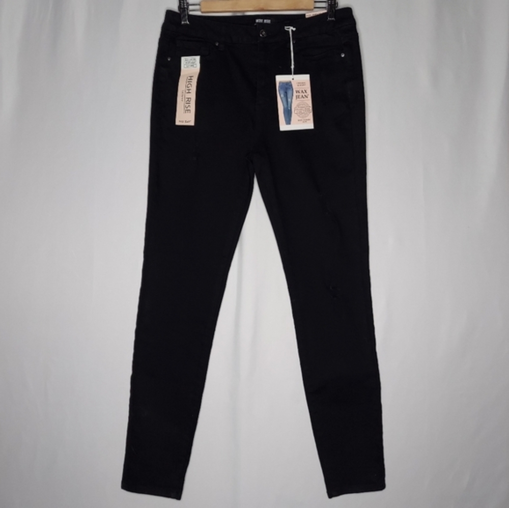 Wax Jean Black High Rise Distressed Stretch Skinny Pocket Button Zip Denim 11/30